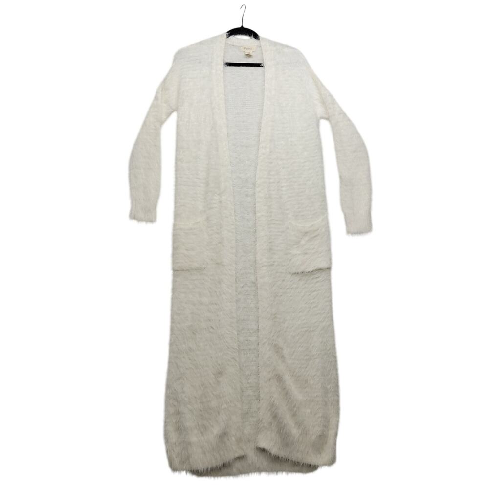 Kaisley Womens XS White Long Open Front Eyelash Knit Duster Cardigan Sweater